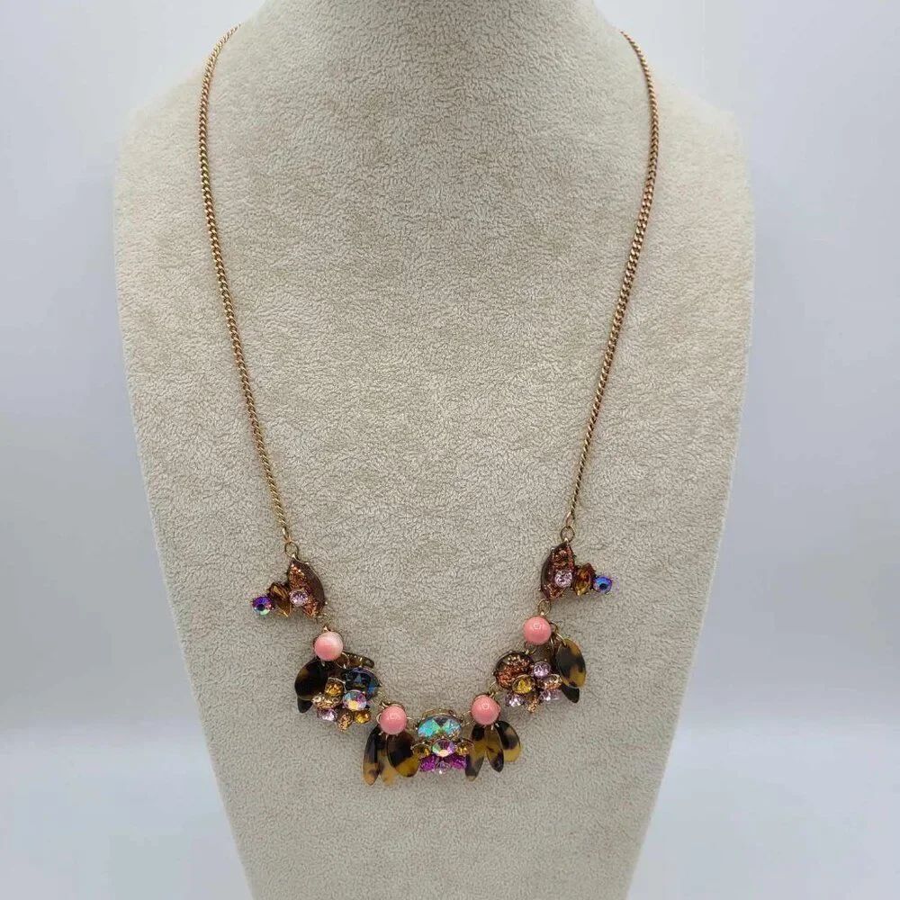 J Crew Pink Resin Bead Faux Tortoise and Crystal Necklace